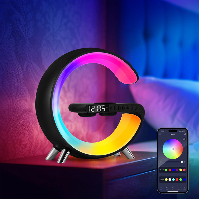 Intelligent G Shaped LED Lamp Bluetooth Speaker with Wireless Charger