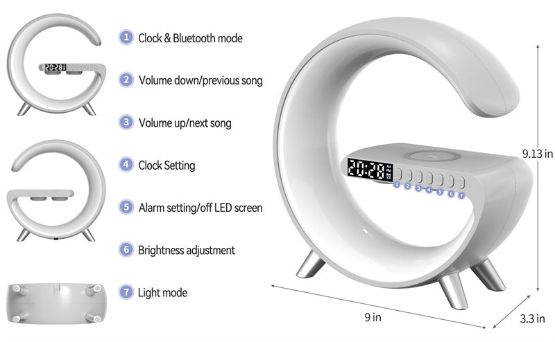 Intelligent G Shaped LED Lamp Bluetooth Speaker with Wireless Charger