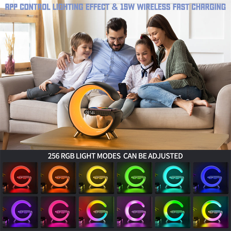 Intelligent G Shaped LED Lamp Bluetooth Speaker with Wireless Charger
