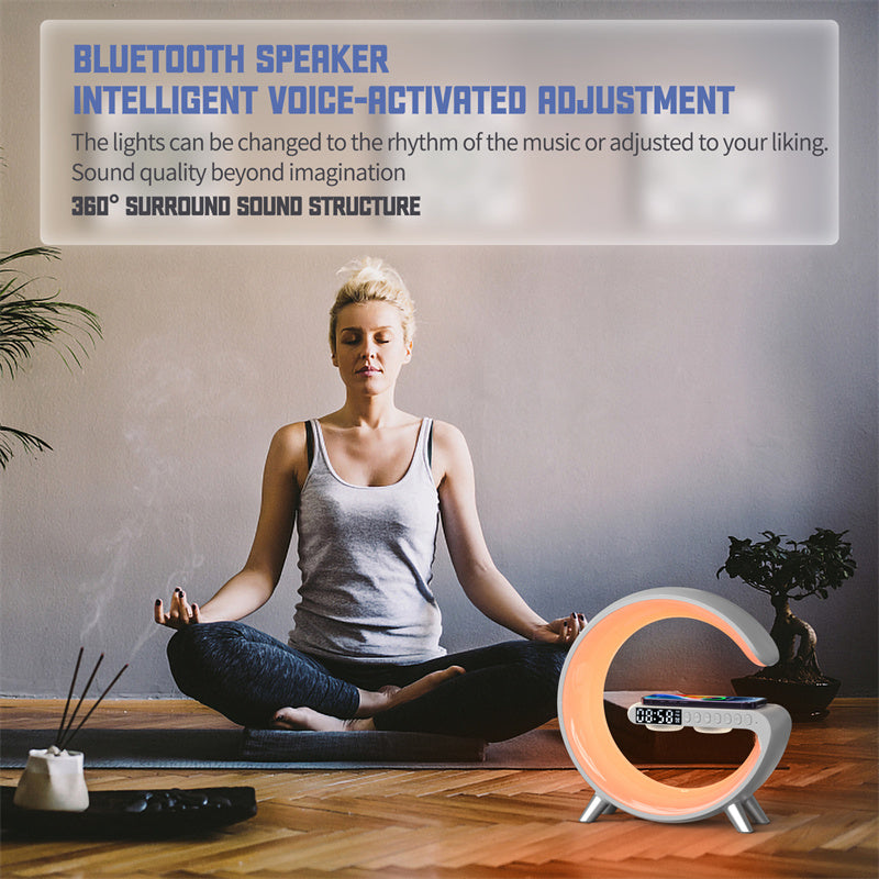 Intelligent G Shaped LED Lamp Bluetooth Speaker with Wireless Charger