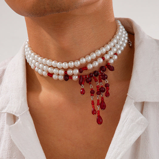 🩸💎 Crimson Cascade – Blood Drop Pearl Tassel Necklace 🖤✨