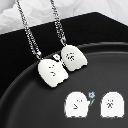 👻💞 Eternal Boo – Ghost Couple Stainless Steel Necklace ✨
