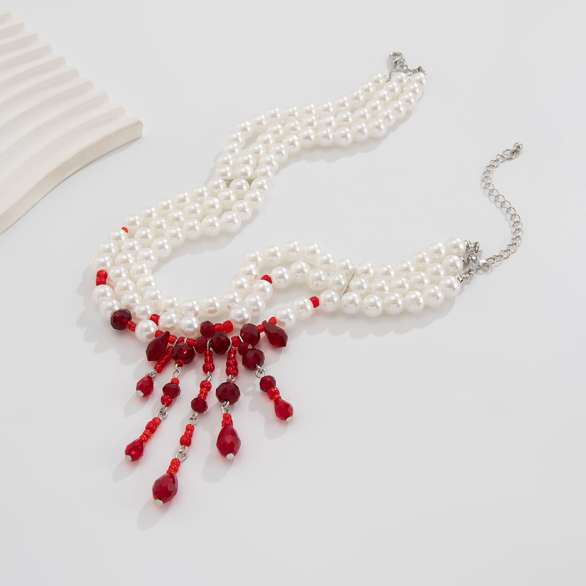 🩸💎 Crimson Cascade – Blood Drop Pearl Tassel Necklace 🖤✨